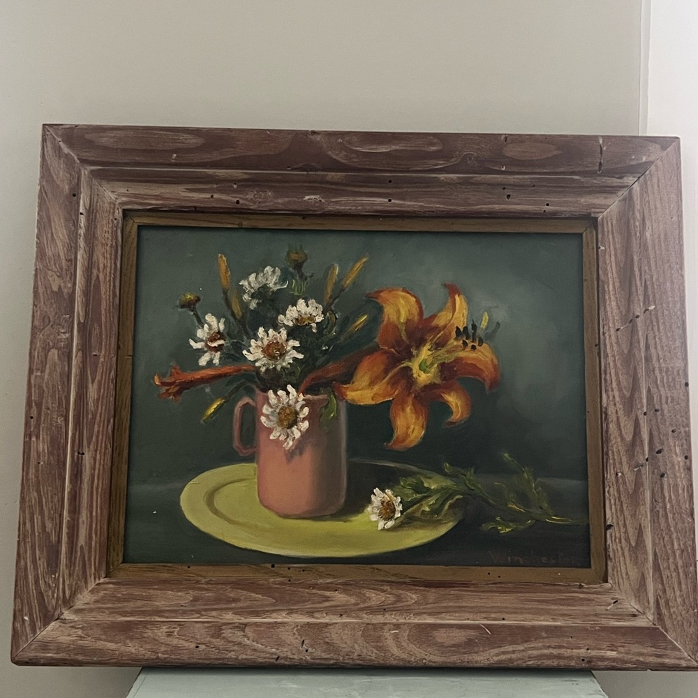 Vintage Floral Still Life Painting in Wooden Frame